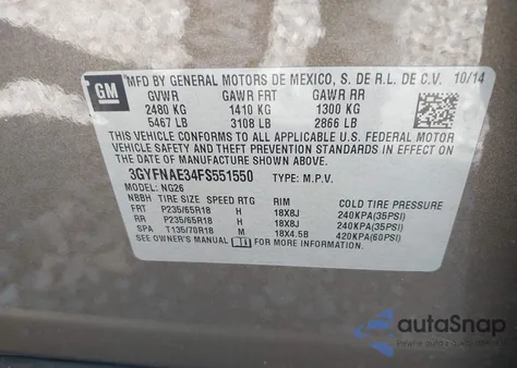2015 Cadillac Srx Standard z USA, uszkodzony, nr VIN 3GYFNAE34FS551550